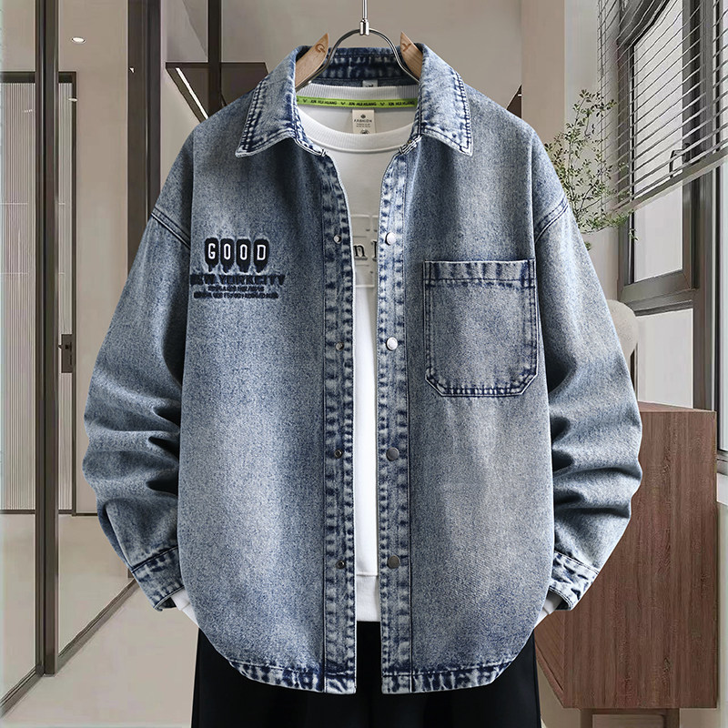 字母刺绣长袖衬衫外套男青少年春秋款初高中学生复古水洗牛仔夹克