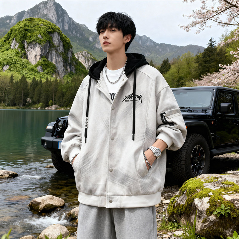 青少年春装外套男美式休闲初高中学生刺绣夹克春秋季新款连帽上衣