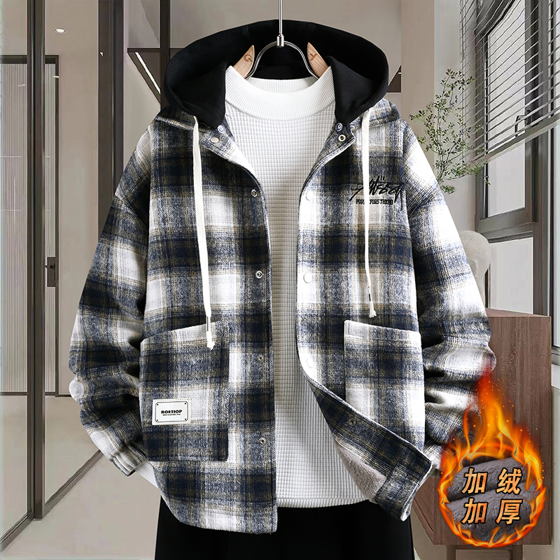 可脱卸帽格子外套男冬季初中高中学生加绒加厚夹克帅气青少年褂子