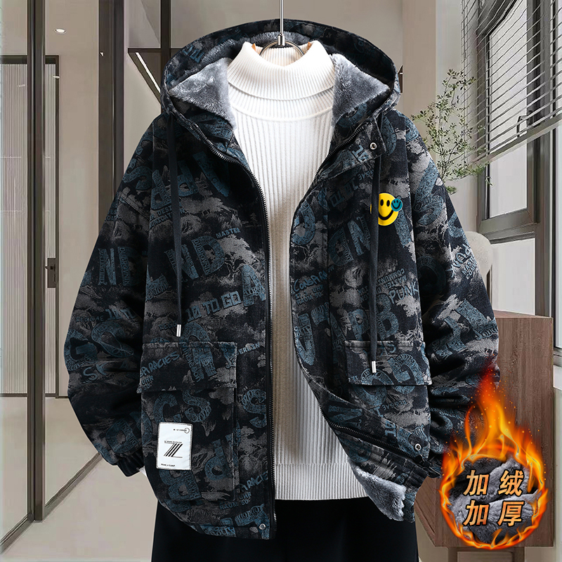 秋冬季加绒加厚外套男青少年牛仔夹克初高中学生潮流宽松休闲棉服