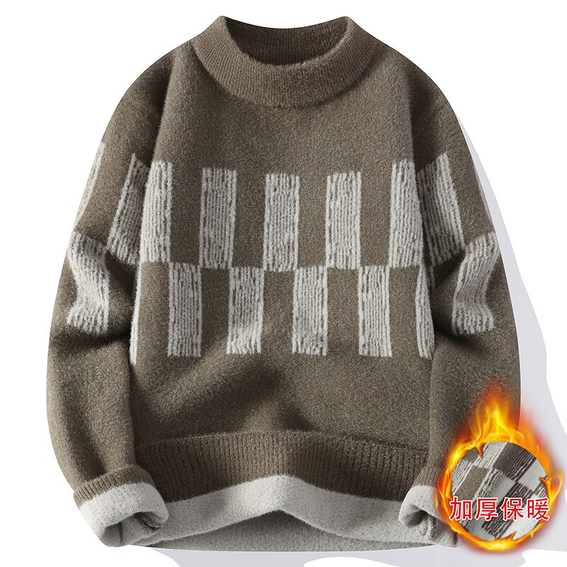 保暖一体绒毛衣男冬季宽松套头内搭针织衫男士加绒加厚宽松毛线衣