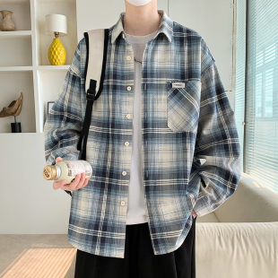 时尚格子长袖衬衫男孩青少年春秋季韩版潮帅气外套初高中学生衬衣