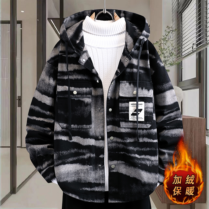 加绒加厚牛仔外套男士青少年秋冬季连帽棉衣派克服男潮牌休闲褂子