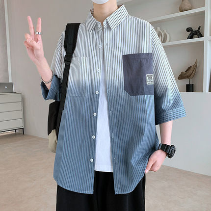 条纹短袖衬衫男夏季高级感痞帅青少年五分袖初中高中学生纯棉衬衣