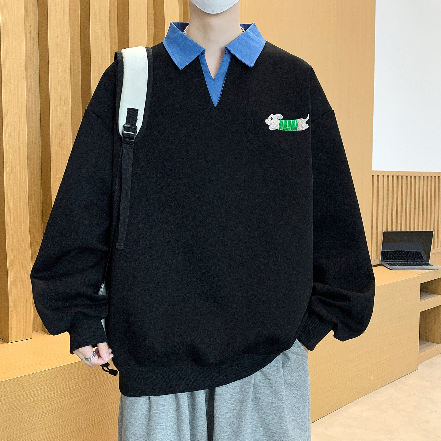 刺绣假两件衬衫领卫衣男2026春秋季超火新款初高中学生宽松打底衫