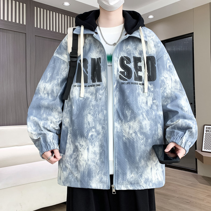 青少年连帽外套男初高中学生春秋季夹克时尚潮流扎染宽松开衫上衣