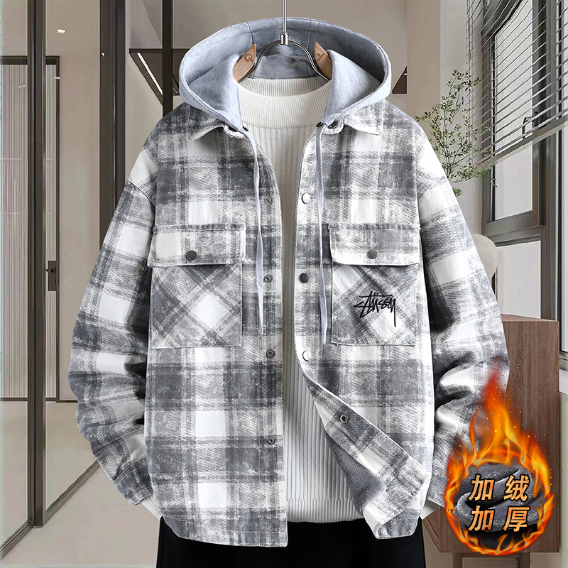 青少年加绒格子外套男秋冬季加厚保暖牛仔夹克帅气初高中学生褂子