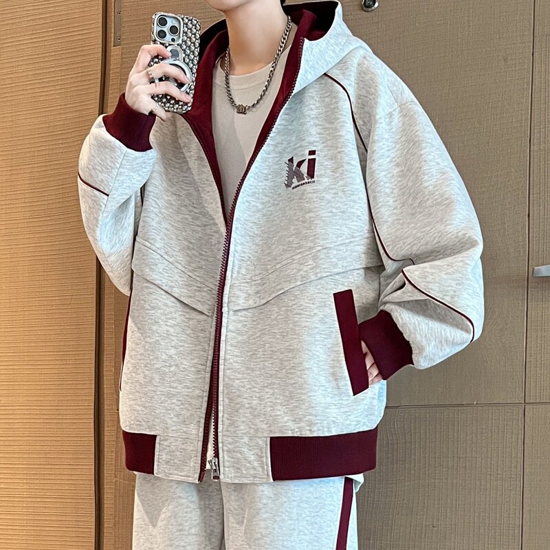 青少年针织开衫卫衣男春秋季美式高街宽松运动外套初高中学生上衣