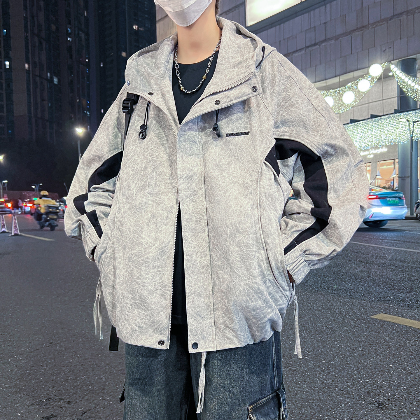 时尚连帽外套青少年男装春秋季初高中学生扎染夹克男宽松潮牌上衣