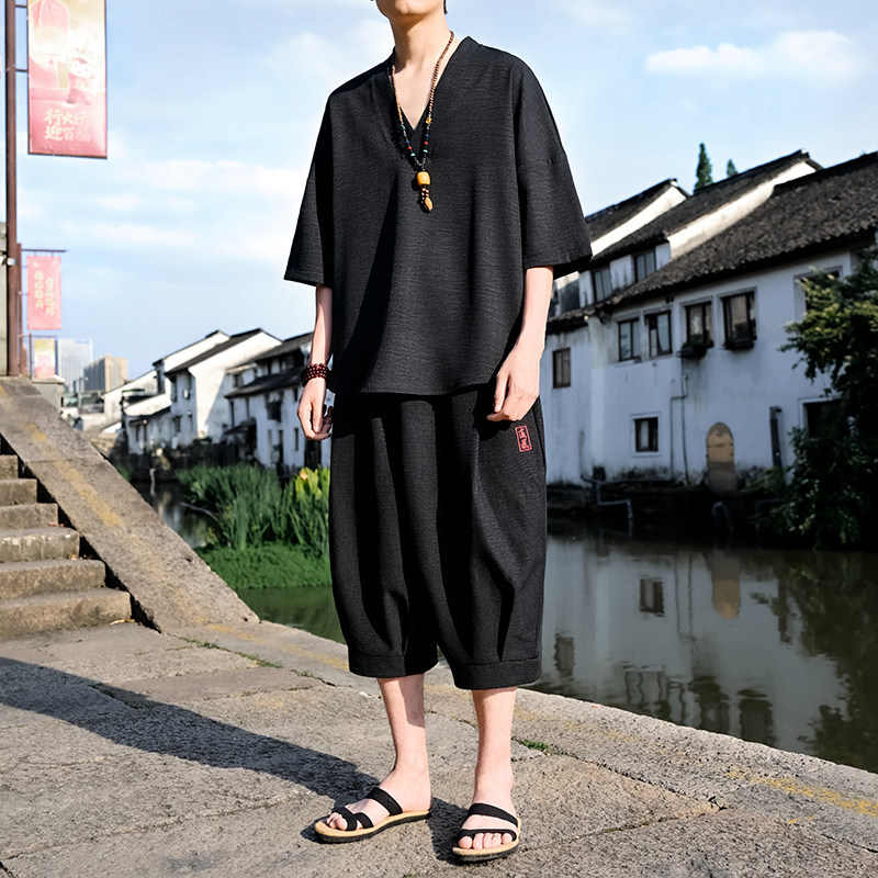 亚麻V领t恤男士高级感痞帅套装夏季薄款七分裤男款短袖短裤两件套图片