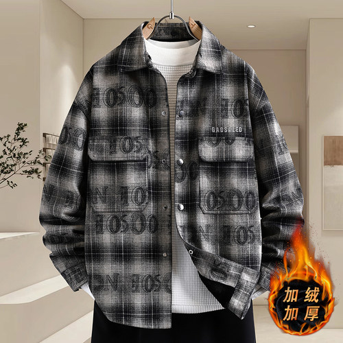 时尚翻领格子夹克男冬季2025新款加绒加厚牛仔外套青少年学生棉衣