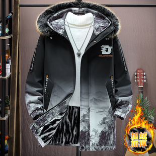 青少年冬装外套男款潮牌中国风加绒加厚棉衣初高中学生中长款棉服