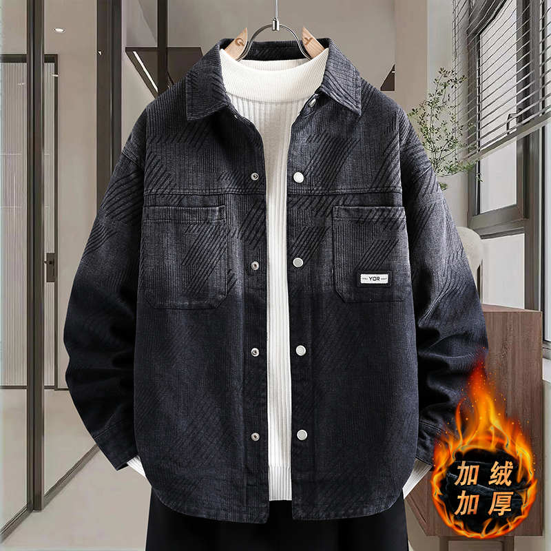 美式复古渐变色牛仔外套男秋冬季高级感痞帅加绒加厚短款休闲夹克