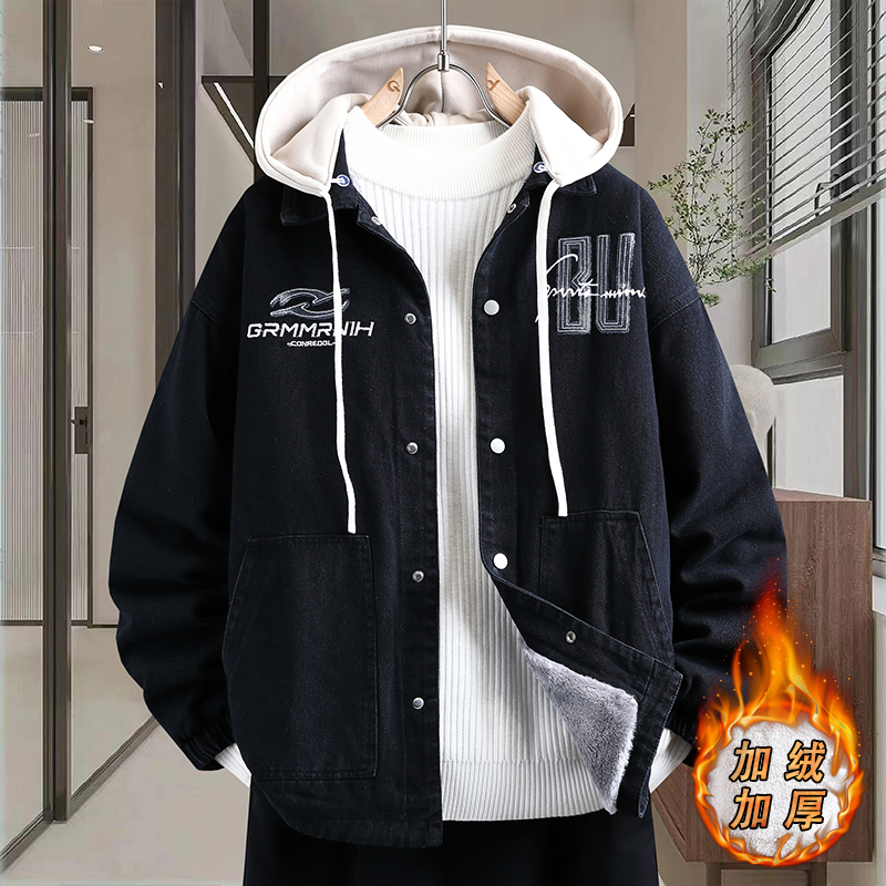 青少年水洗牛仔夹克男秋冬季宽松潮牌加绒加厚外套初高中学生棉衣