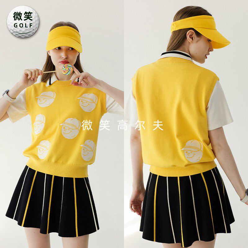 特价2025春韩国代购时尚笑脸高尔夫球服女士针织马甲短裙套装GOLF