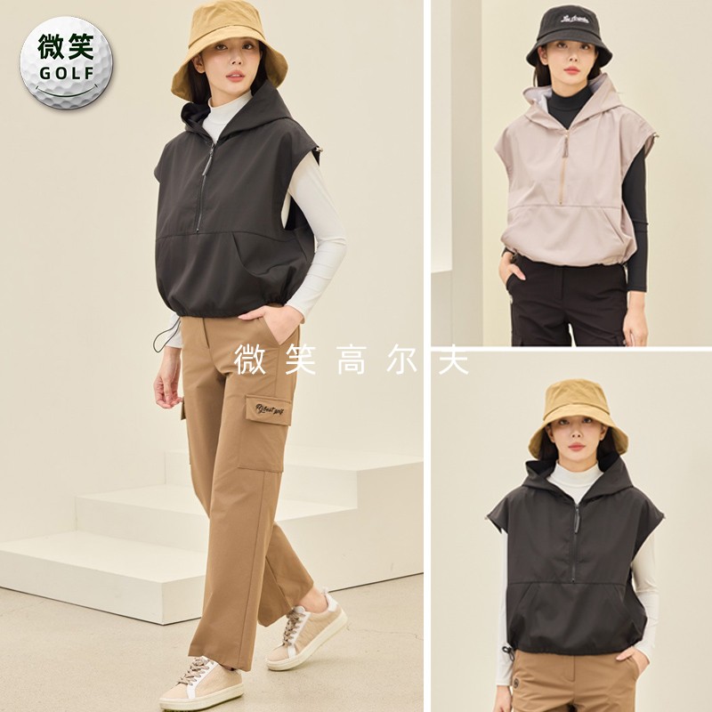 高尔夫女连帽半拉链宽松时尚背心