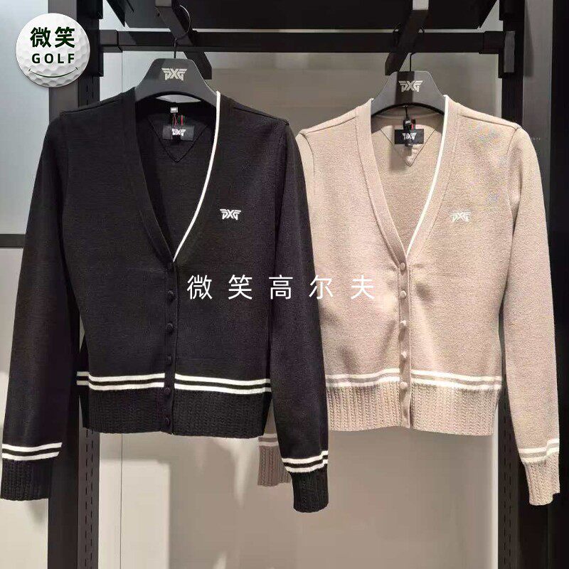 高尔夫女士V领条纹运动针织开衫