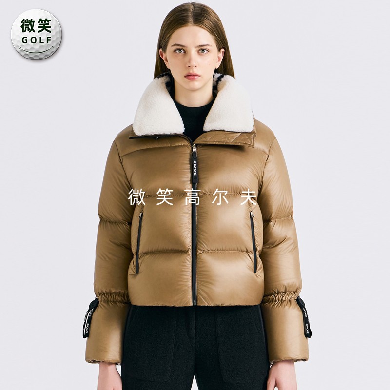 女高尔夫毛绒翻领短款防寒羽绒服