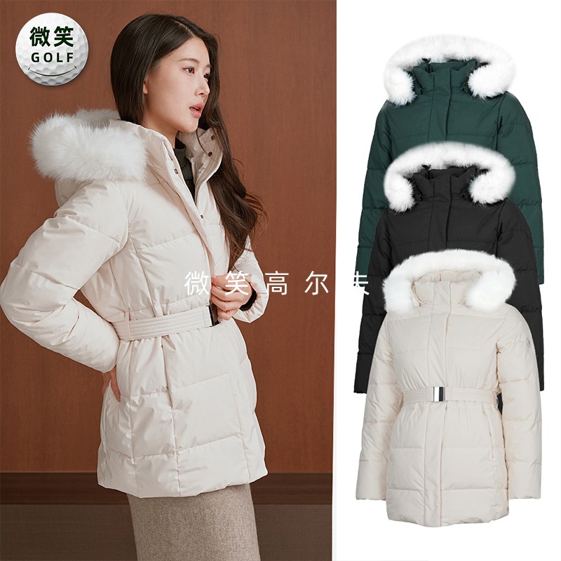 特价2025冬季新款韩国代购腰带收腰高尔夫球服女士毛绒连帽棉服