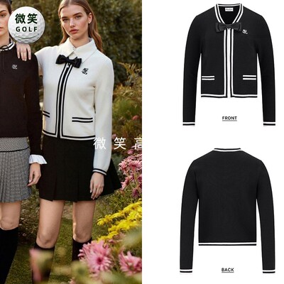 2025秋款韩国代购FairLiar蝴蝶结V领高尔夫球服女士拉链针织开衫