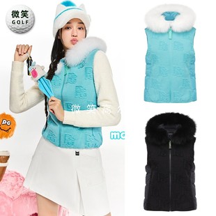 2025冬新韩国代购PEARLYGATES高尔夫女毛领连帽运动针织羽绒马甲