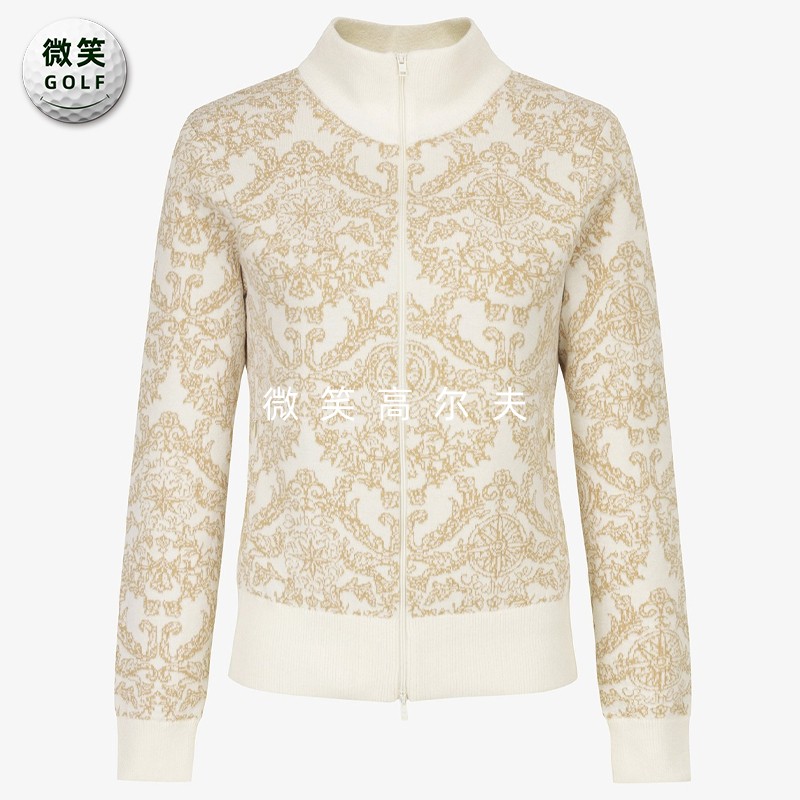 高尔夫女立领提花图案羊毛开衫