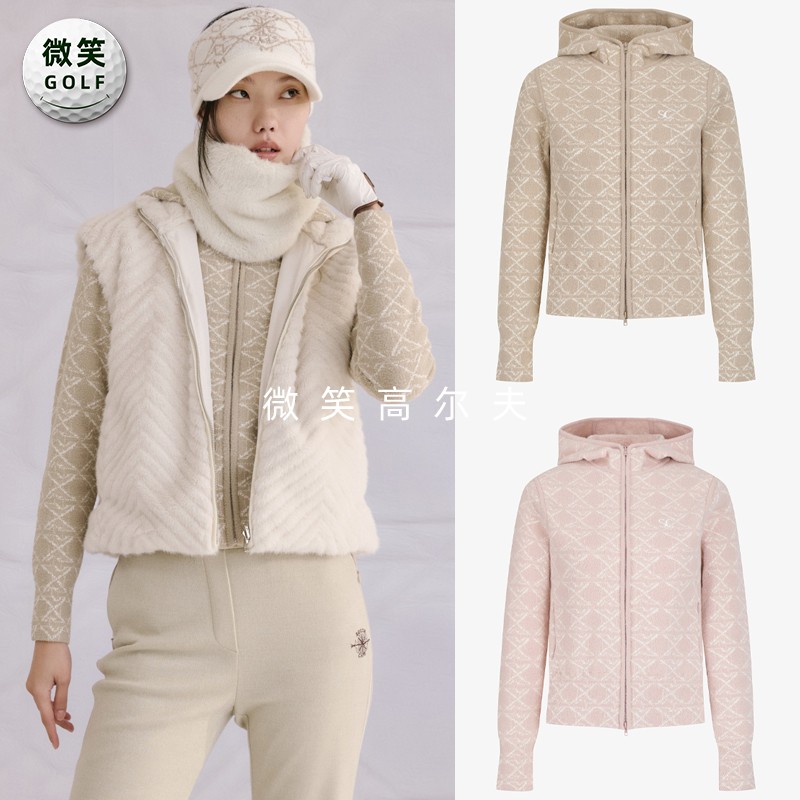 高尔夫女连帽图案提花针织外套