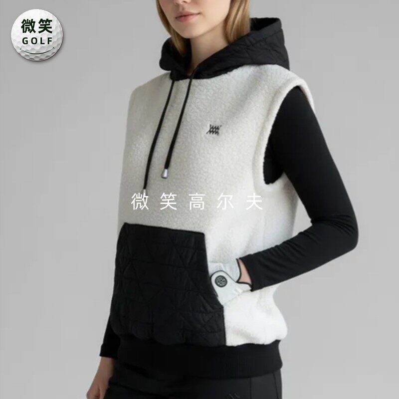 特价2025冬季新款韩国代购毛绒保暖高尔夫球服女士连帽马甲背心