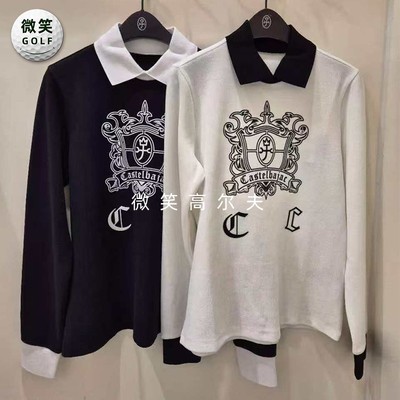 2025冬款韩国代购CASTELBAJAC配色翻领高尔夫球服女士时尚长袖T恤
