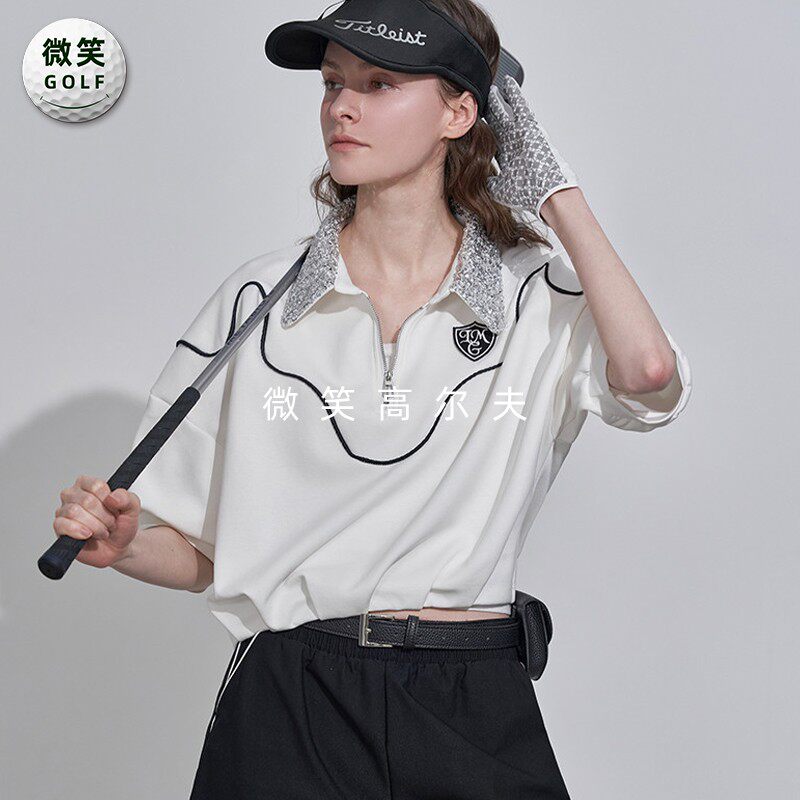 特价2026夏款韩国代购亮片弹力高尔夫球服女士半拉链宽松短袖T恤