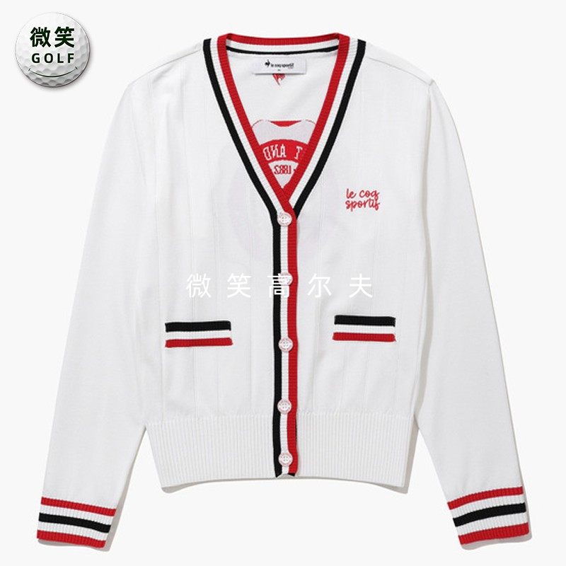 高尔夫女士V领条纹针织外套开衫