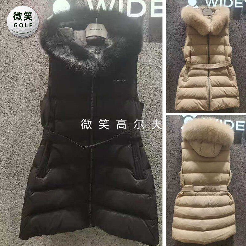 高尔夫女连帽收腰长款羽绒马甲