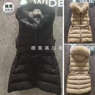特价2025冬韩国代购WANGLE高尔夫女毛领连帽收腰运动长款羽绒马甲