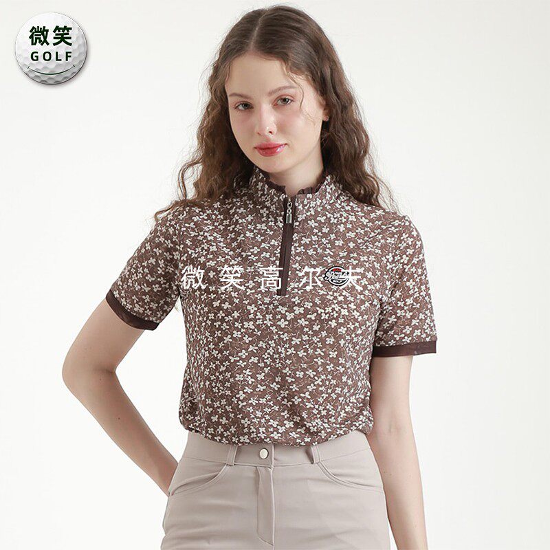 特价2025夏款韩国代购褶皱印花高尔夫球服女士半拉链短袖T恤GOLF