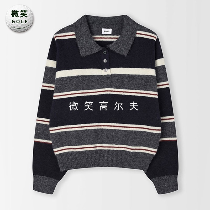 特价2025冬韩国代购条纹条纹纽扣高尔夫球服女士宽松休闲针织毛衣