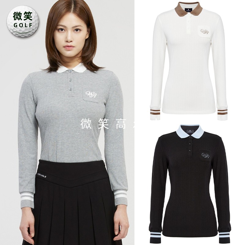 高尔夫女配色翻领针织长袖T恤衫