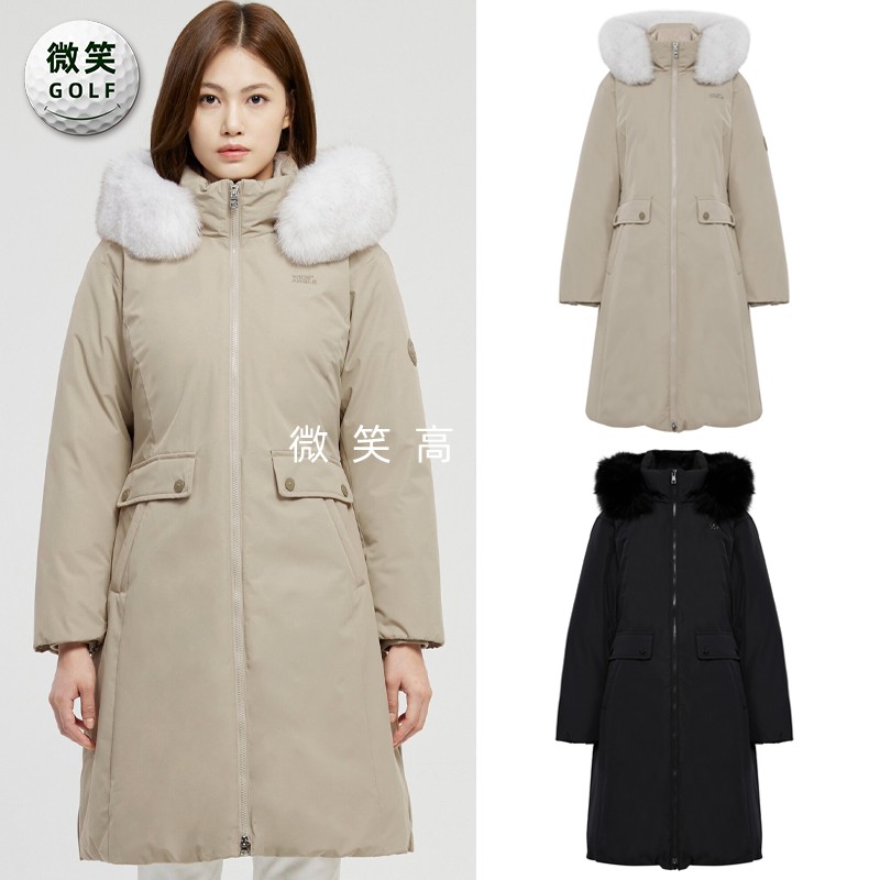 高尔夫女毛领连帽修身长款羽绒服