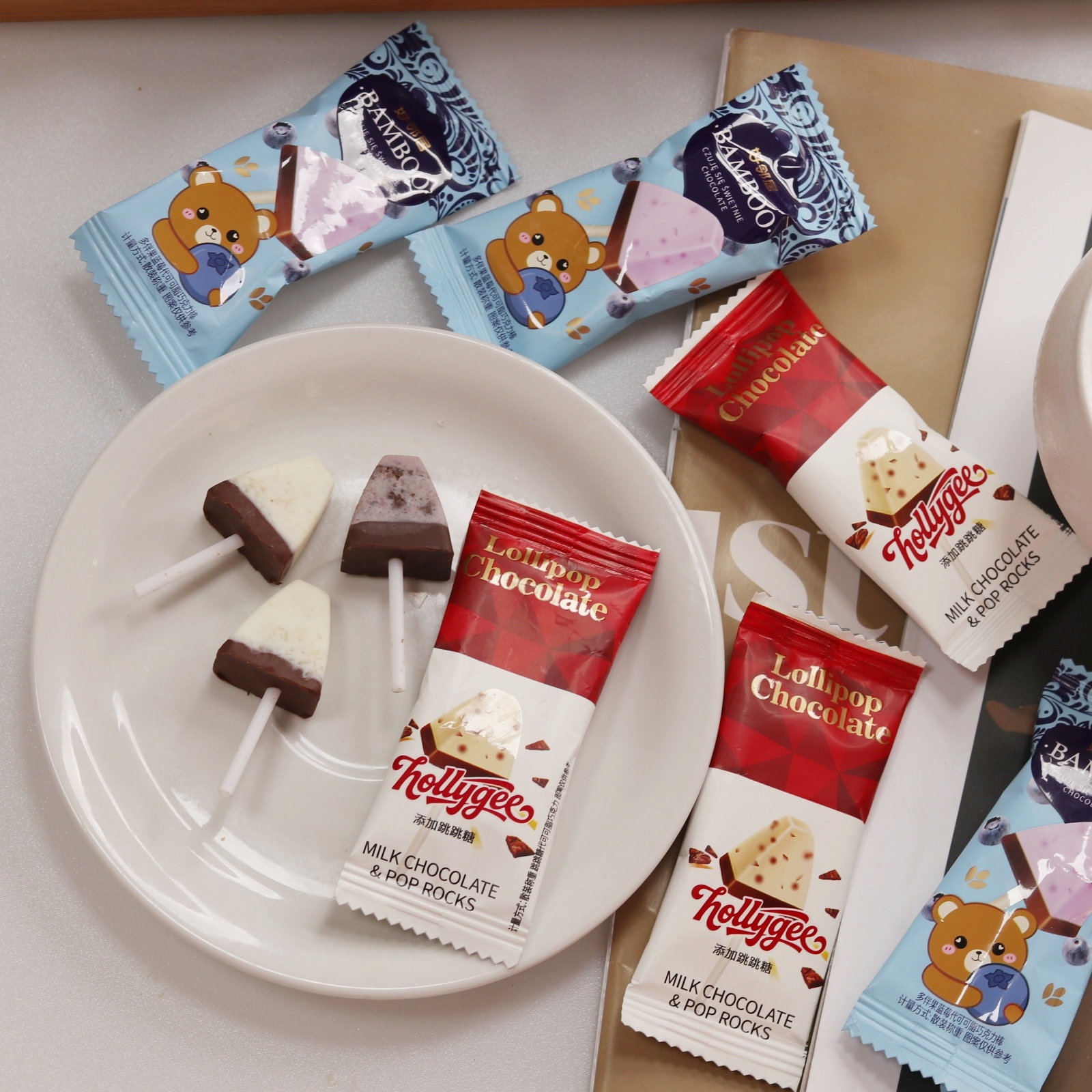 好邻居多伴果蓝莓代可可脂巧克力棒跳跳糖喜糖儿童趣味棒棒糖零食