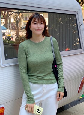 阿瑞家 美丽绿色好心情 绵软亲肤显瘦显白圆领正肩加长袖休闲T恤