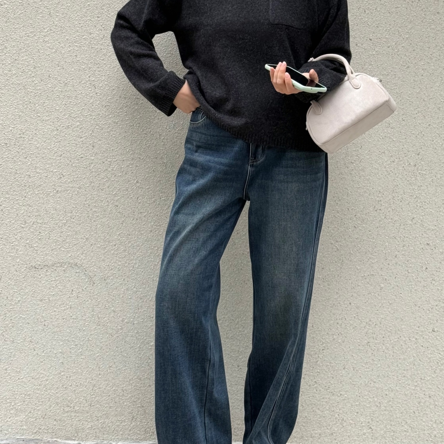 内里加绒高腰窄版阔腿牛仔裤