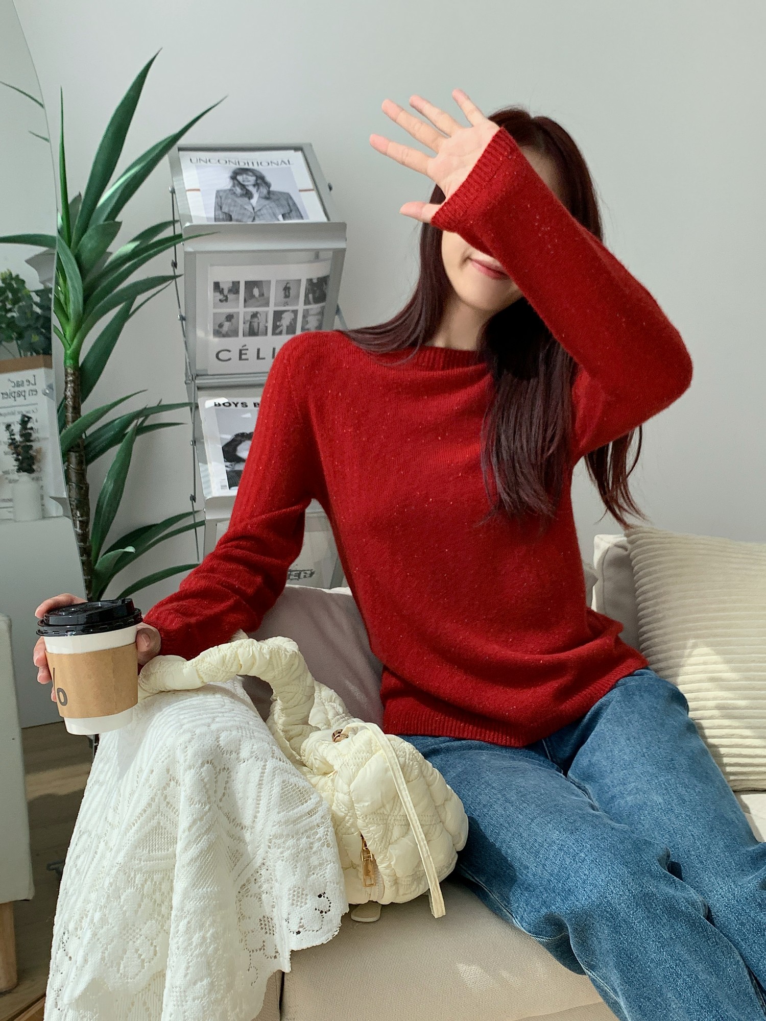 全羊毛点子纱圆领无缝针织衫