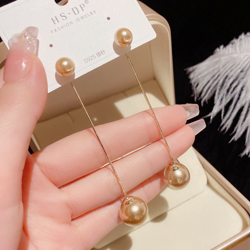 s925银针长款珍珠流苏两戴后挂式耳坠女个性时尚港风显瘦潮流耳饰