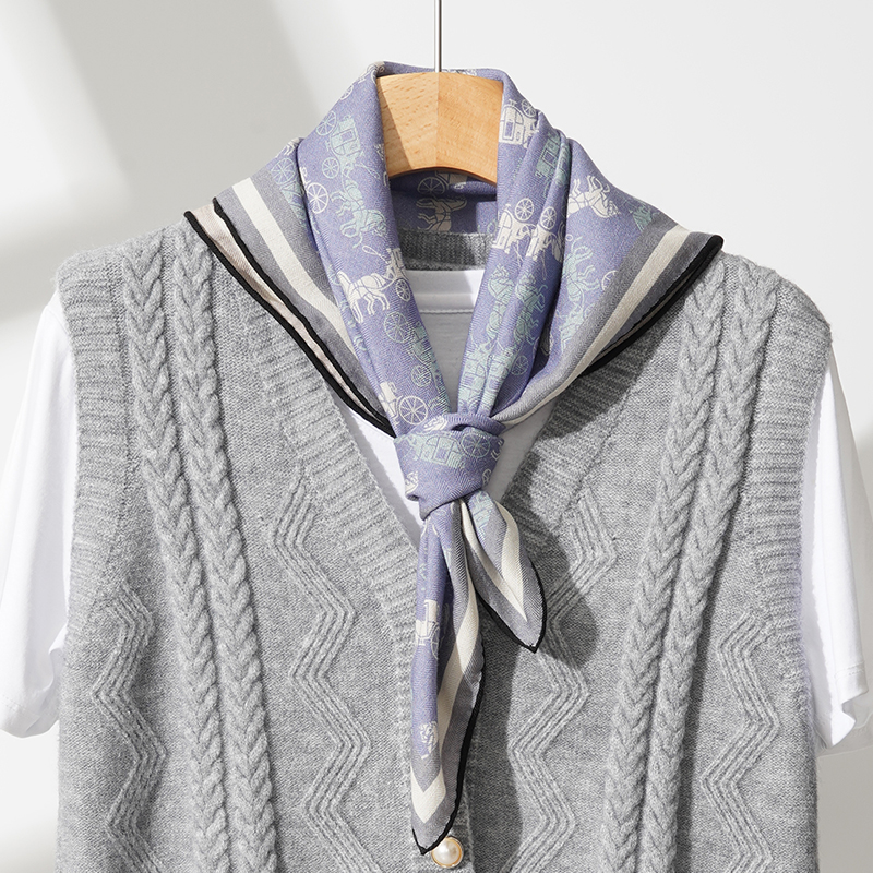 蓝色马车丝毛真丝丝巾桑蚕丝羊毛65中方巾围巾秋冬保暖高级感围脖