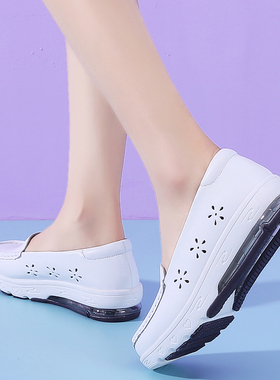 气垫护士鞋女夏天透气软底不累脚厚底增高真皮防臭平底医生白色鞋