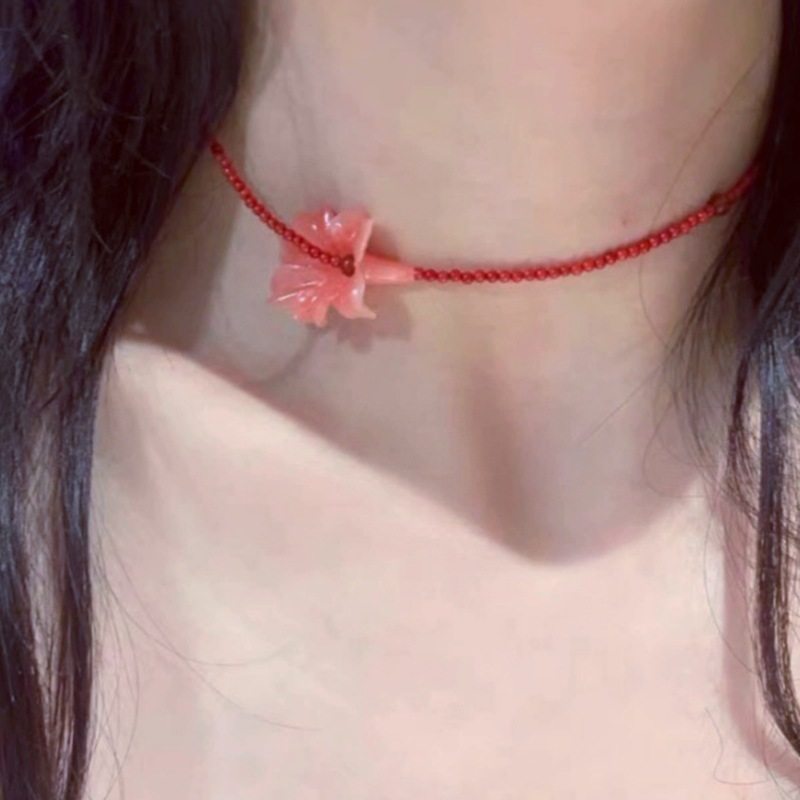 气质红色系花朵项复古假日氛围感颈链天然石水晶串珠喇叭花锁骨链