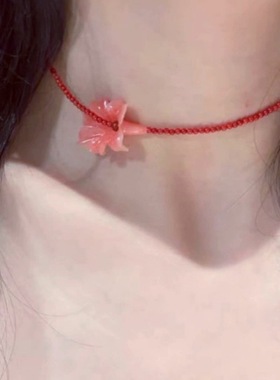 气质红色系花朵项复古假日氛围感颈链天然石水晶串珠喇叭花锁骨链