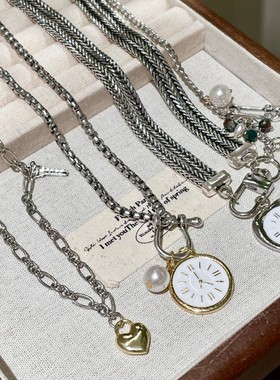 欧美三件套多层链条爱心锁骨链叠戴项链OT扣套装腕表挂饰毛衣链女