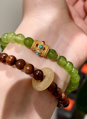 青山黛手串绿色天然石檀木手串双圈木质檀香手链女款中式国风手环
