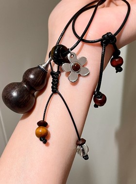 中式木质葫芦花朵水晶串珠流苏吊坠毛衣链木头葫芦抽拉项链锁骨链