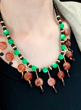 中古vintage波西米亚民族风水晶串珠颈链绿色猫眼石项链女锁骨链